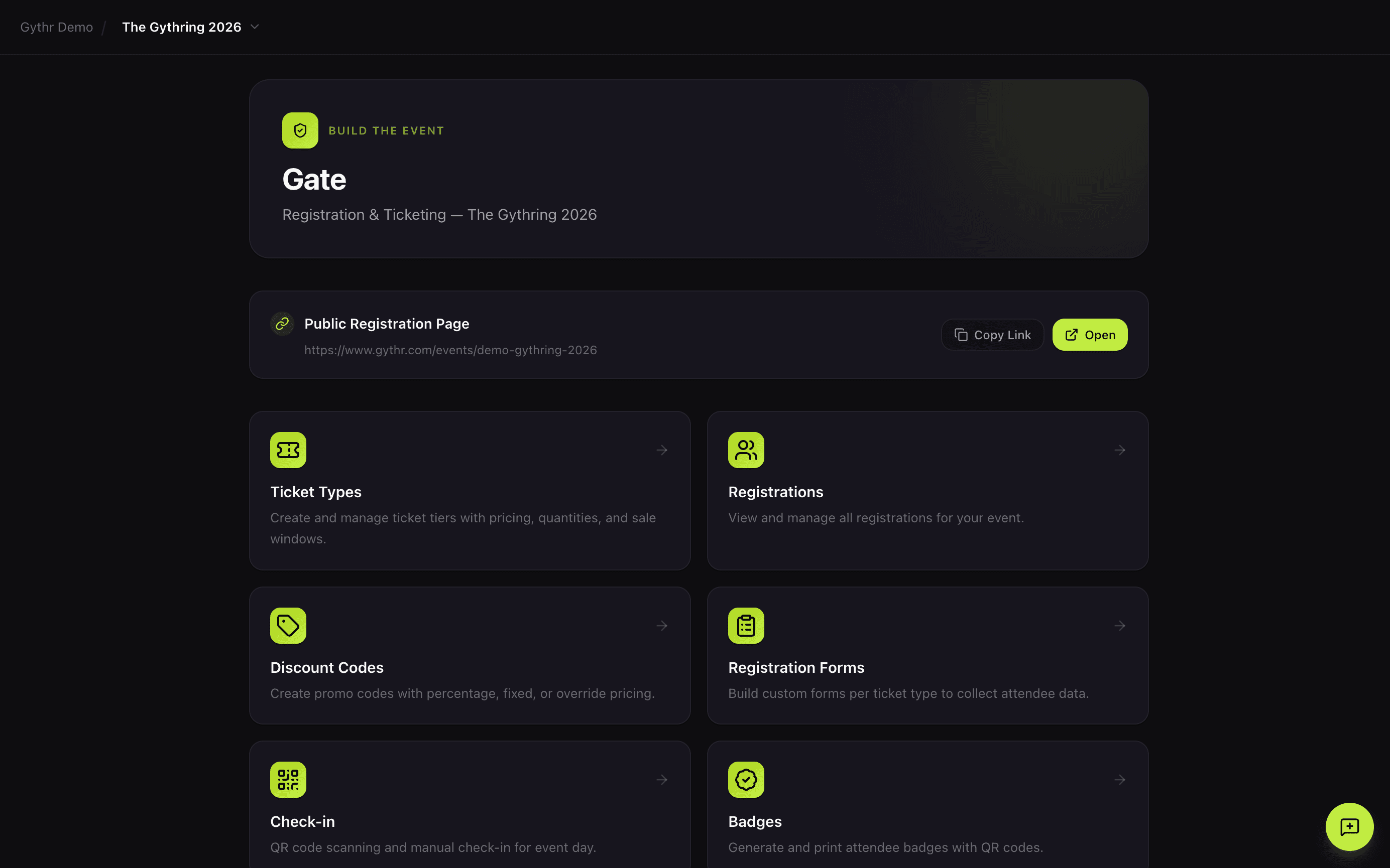 Gythr Gate for The Gythring 2026: the public registration page link with cards for ticket types, registrations, discount codes, registration forms, check-in and badges.